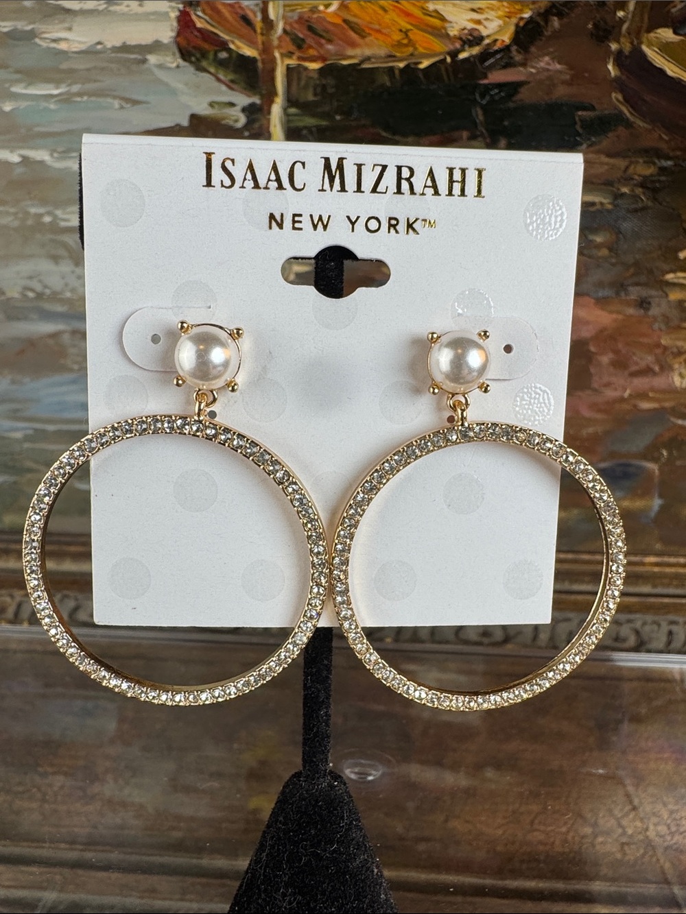 0599-Isaac‎ Mizrahi Gold Pearl & Crystal Hoop Drop Earrings
